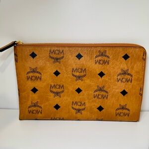 New MCM Pouch Bag In Brown Monogram Logo Visetos Canvas And Leather